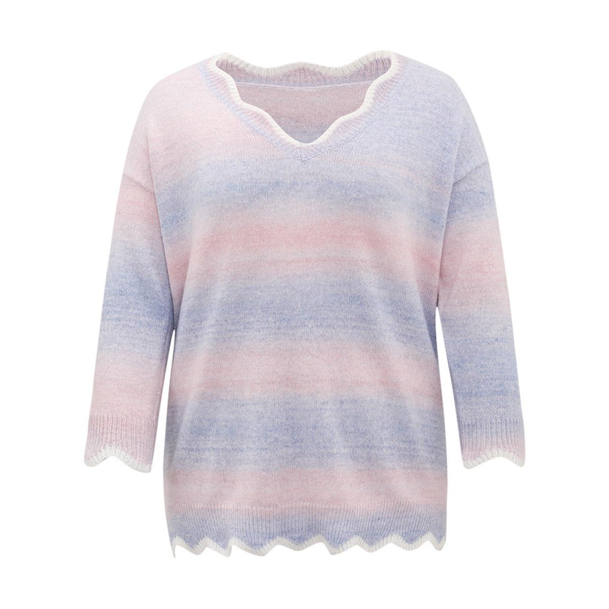 Plus Size Anti-Pilling Ombre Heather Scalloped Trim Pullover Crepe Women Casual Loose Long Sleeve V-neck Dailywear Pullovers BloomChic 14-16/1X Product Image