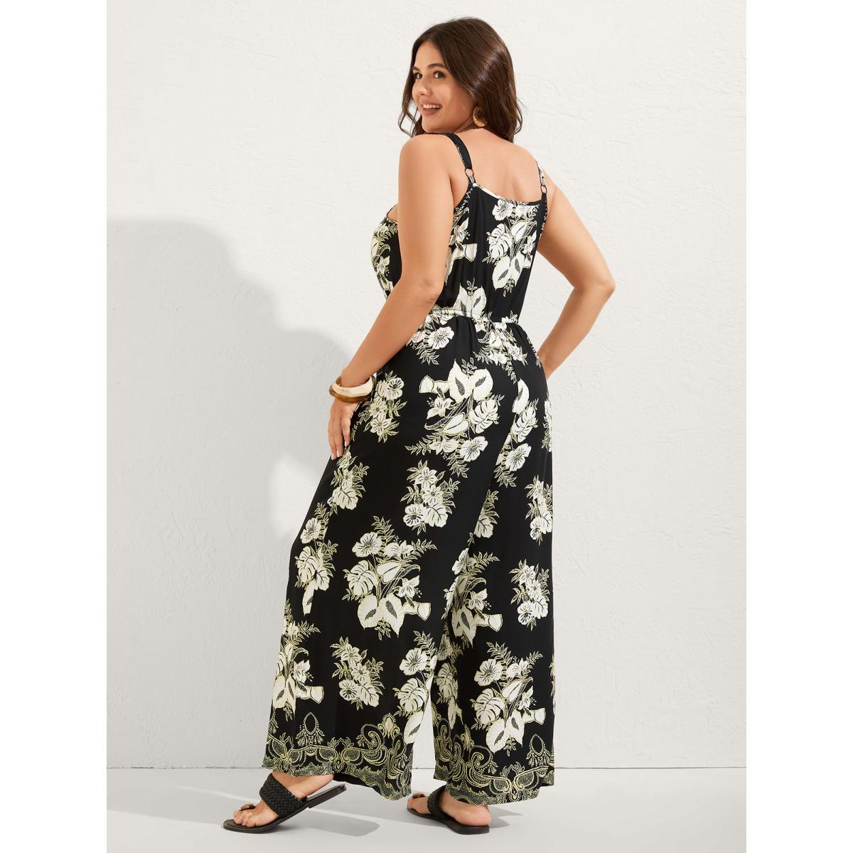 Plus Size Black Boho Floral Cami Pockets Jumpsuit Women Sleeveless Heart neckline Vacation Loose Jumpsuits BloomChic 12/L Product Image