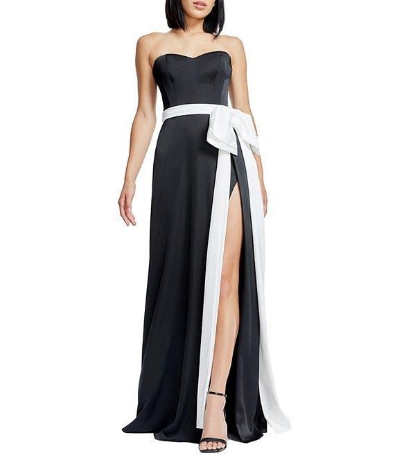 Dress the Population Athene Satin Strapless Sweetheart Neck Sleeveless Front Bow A-Line Gown Product Image