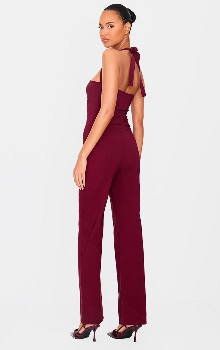 Burgundy Stretch Woven Thick Halterneck Strap Straight Leg Jumpsuit Product Image
