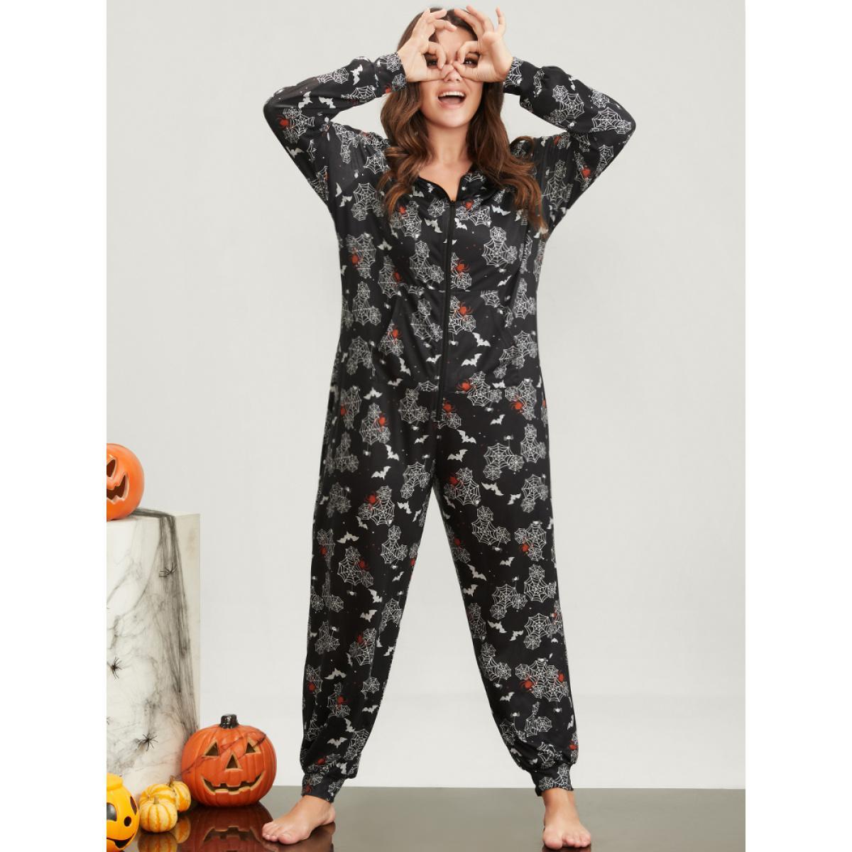 Plus Size Halloween Print Pocket Zip Up Jumpsuit Women Black Elegant Graphic-Halloween Zipper Hooded Pocket Loungewear BloomChic 12/L Product Image