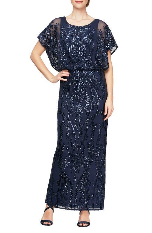 Alex Evenings Long Blouson Column Dress with Flutter Sleeves Women's Dress Product Image