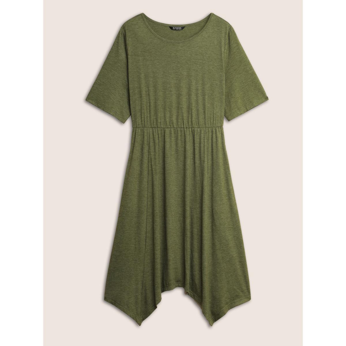 Plus Size Supersoft Essentials Solid Hanky Hem Dress Sage Women Casual Non Round Neck Short sleeve Curvy Midi Dress BloomChic 12/L Product Image