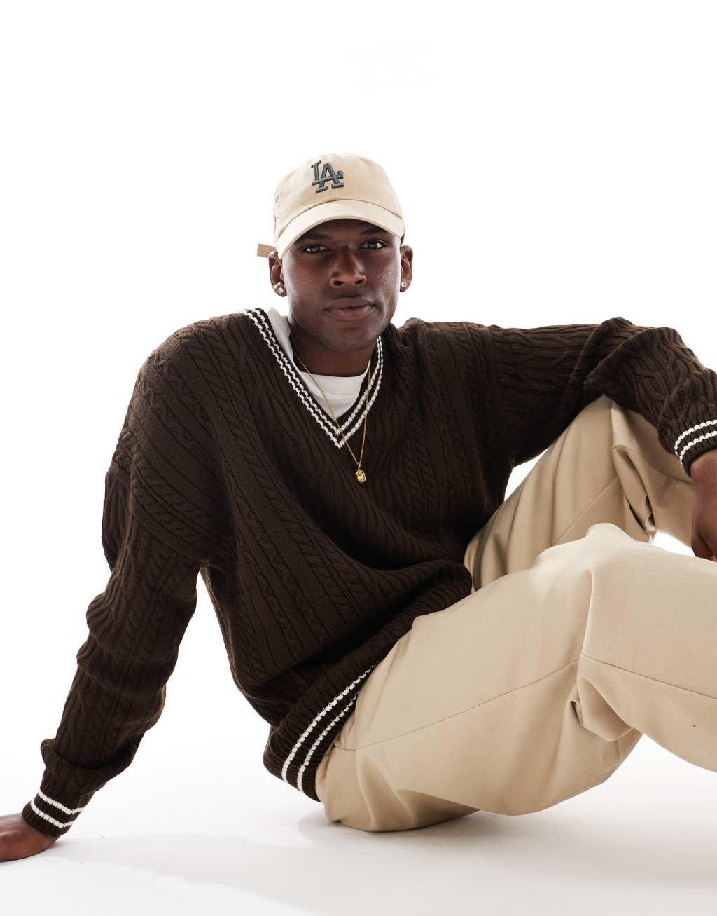 ASOS DESIGN oversized cable knit cricket sweater in brown with cream tipping Product Image