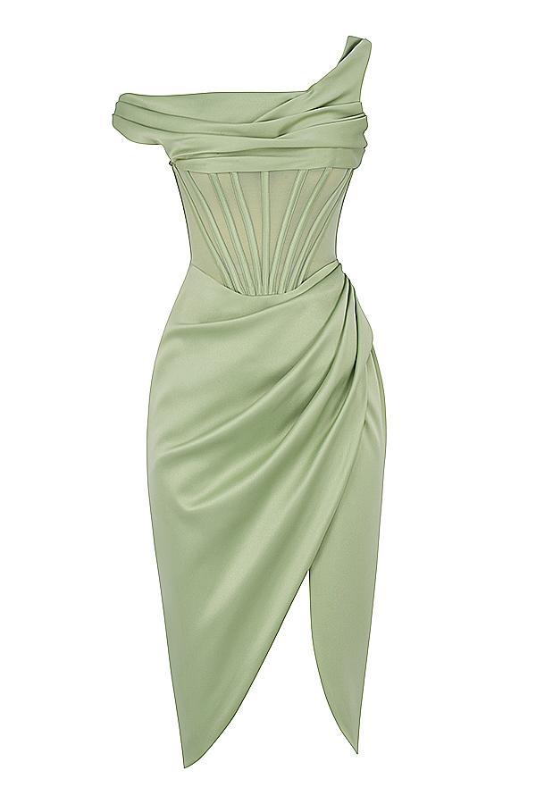 Lulu Pistachio Asymmetric Drape Midi Corset Dress Product Image