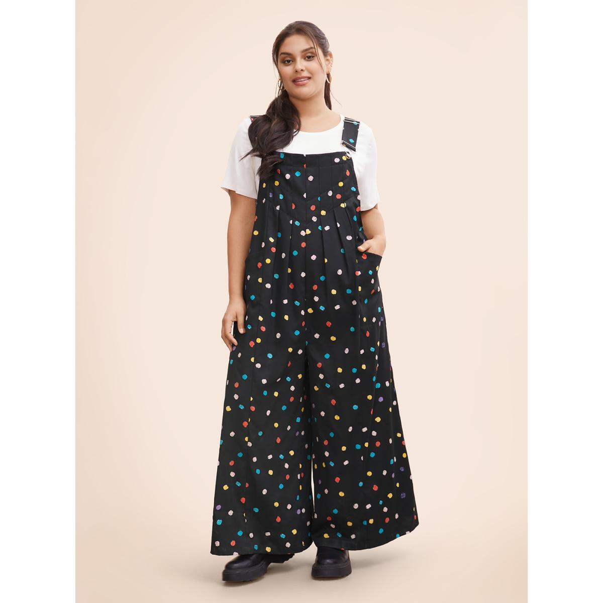 Plus Size Black Painted Polka Dot Adjustable Straps Jumpsuit Women Casual Sleeveless Non Everyday Loose Jumpsuits BloomChic 22-24/3X Product Image