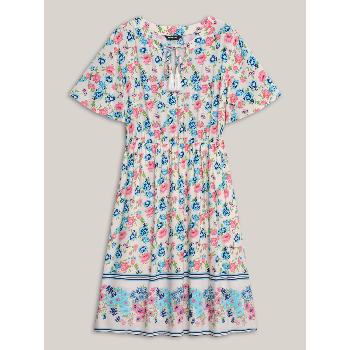 Plus Size Rayon Floral Print Neck Tie Pockets Midi Dress Multicolor Women Notched collar Short sleeve Curvy BloomChic 18-20/2X Product Image