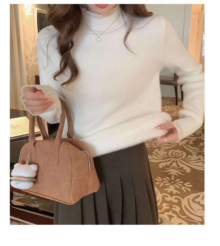 Mock Neck Plain Ruffle Trim Ribbed Knitted Sweater Product Image