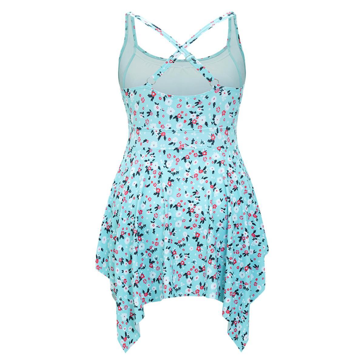 Plus Size Ditsy Floral Knot Front Crossover Hanky Hem Swim Dress Women's Swimwear Turquoise Vacation Bodycon Round Neck High stretch Curve Swim Dresses BloomChic 12/L Product Image