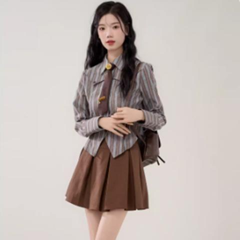 Long Sleeve Collared Striped Panel Shirt / Necktie / Set Product Image