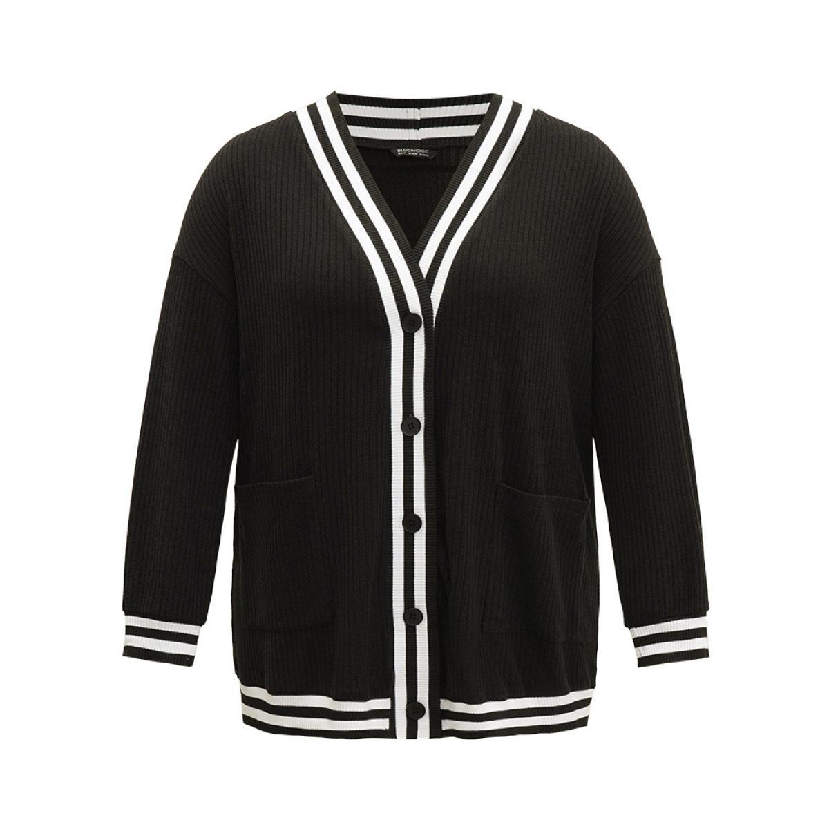 Plus Size Halloween Patchwork Striped Pocket Button Up Rib Knit Coat Women Black Casual Patchwork Ladies Dailywear Winter Coats BloomChic 26/4X Product Image