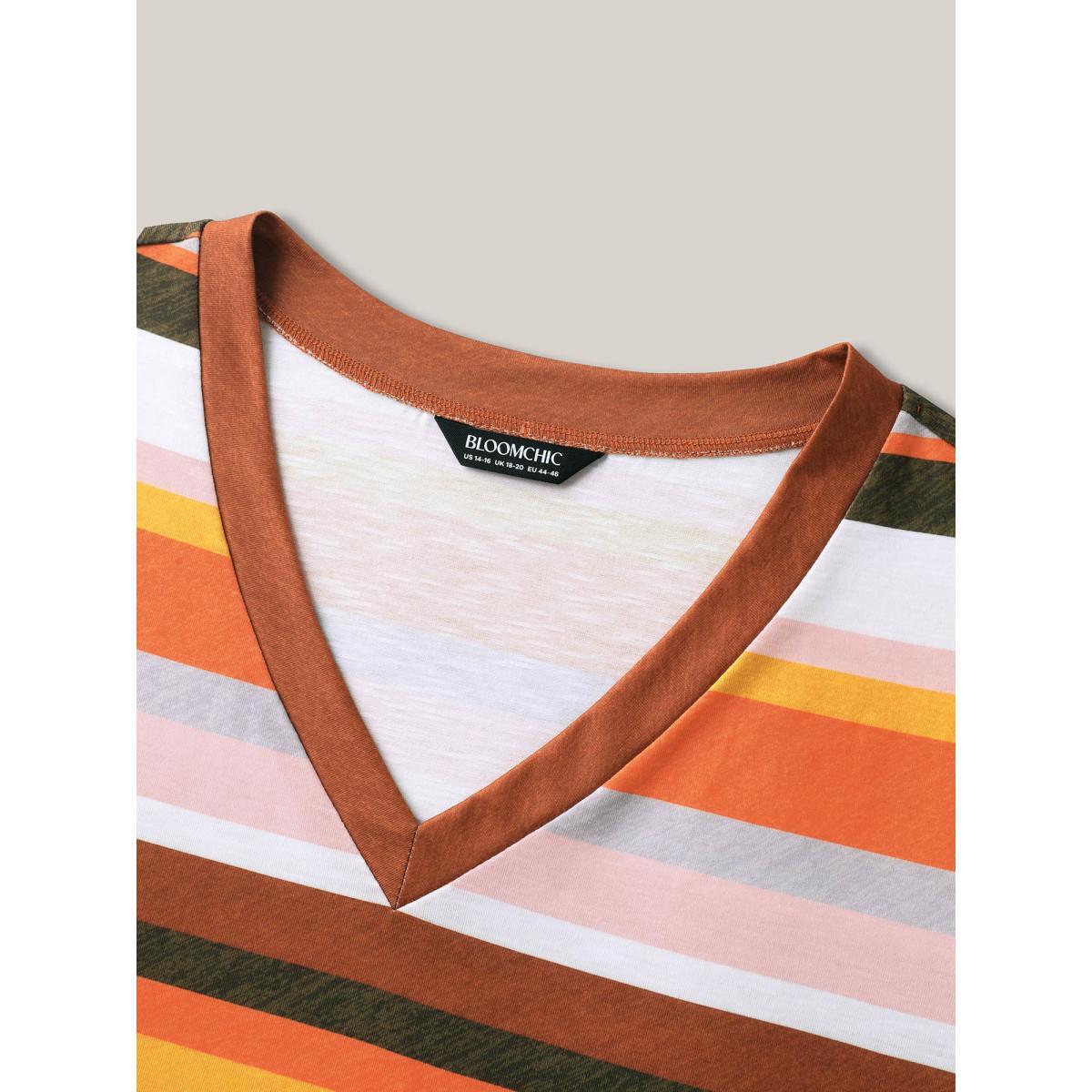 Plus Size Bamboo Stretchy Colorful Stripes T-Shirt Multicolor Women Contrast V-neck Everyday-Casual T-shirts BloomChic 22-24/3X Product Image