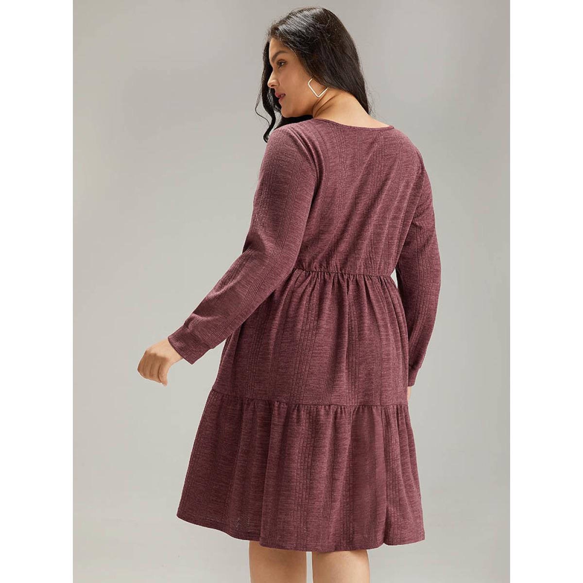 Plus Size Plain Square Neck Texture Gathered Dress Maroon Women Casual Texture Square Neck Long Sleeve Curvy Midi Dress BloomChic 30/6X Product Image