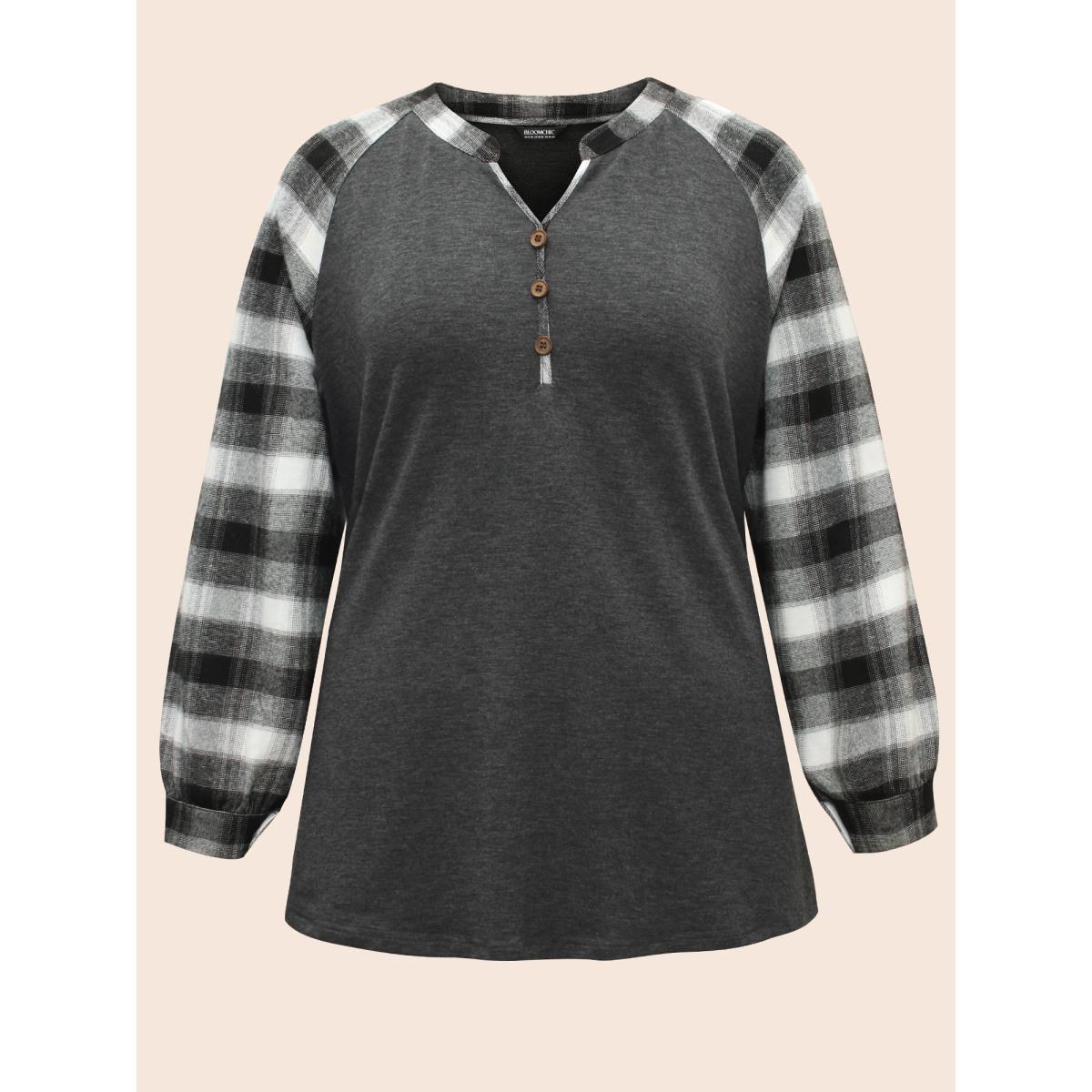 Plus Size Plaid Patchwork Notched Button Detail Sweatshirt Women DimGray Casual Patchwork Notched collar Everyday Sweatshirts BloomChic 10/M Product Image