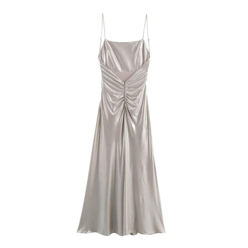 Spaghetti Strap Plain Open Back Ruched Maxi A-Line Dress Product Image