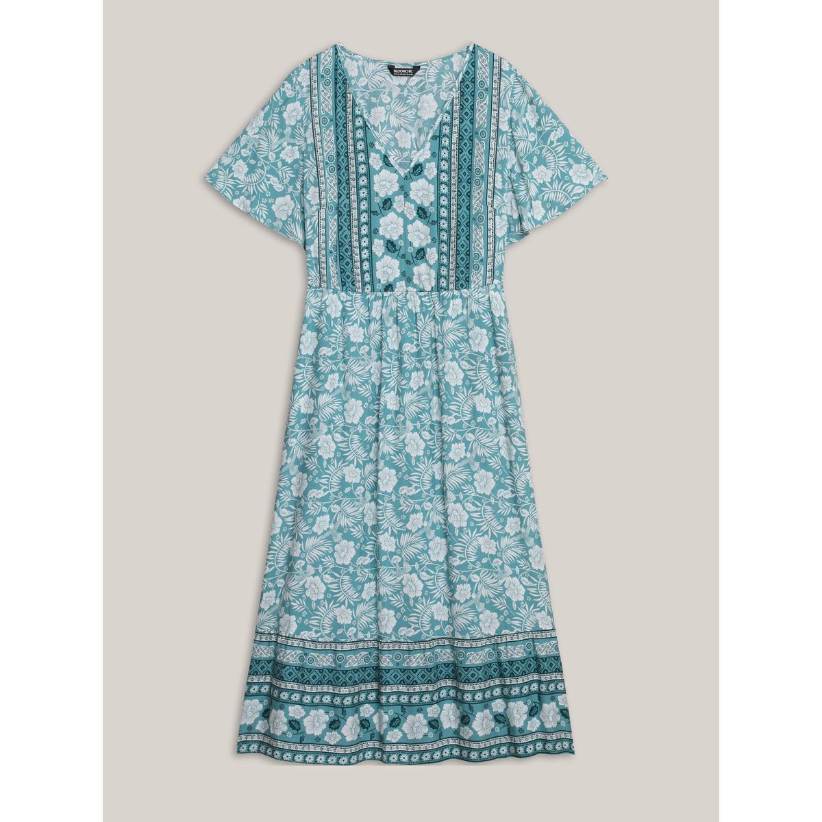 Plus Size Floral Print Stretchy Waist Pockets Midi Dress Stone Women Resort Non V-neck Short sleeve Curvy BloomChic 14-16/1X Product Image