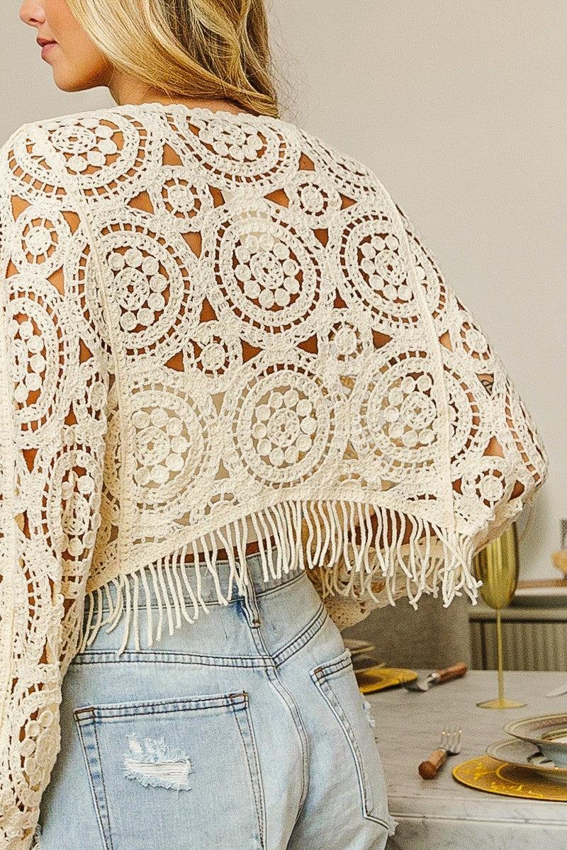 Dolman Sleeve Fringed Crochet Lace Cover Up Product Image