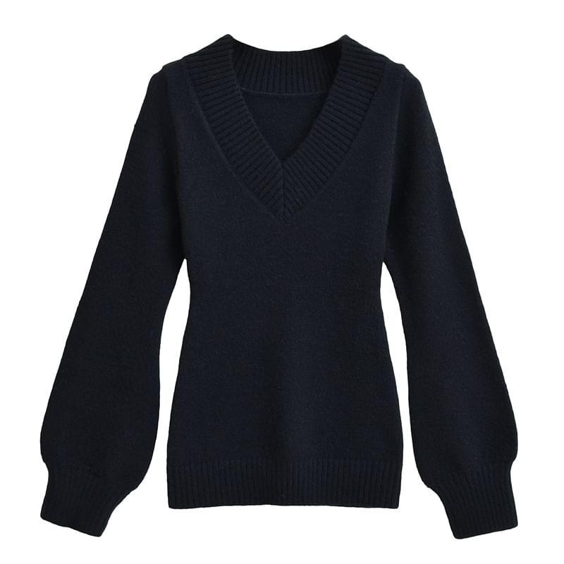 Puff-Sleeve V-Neck Plain Sweater Product Image