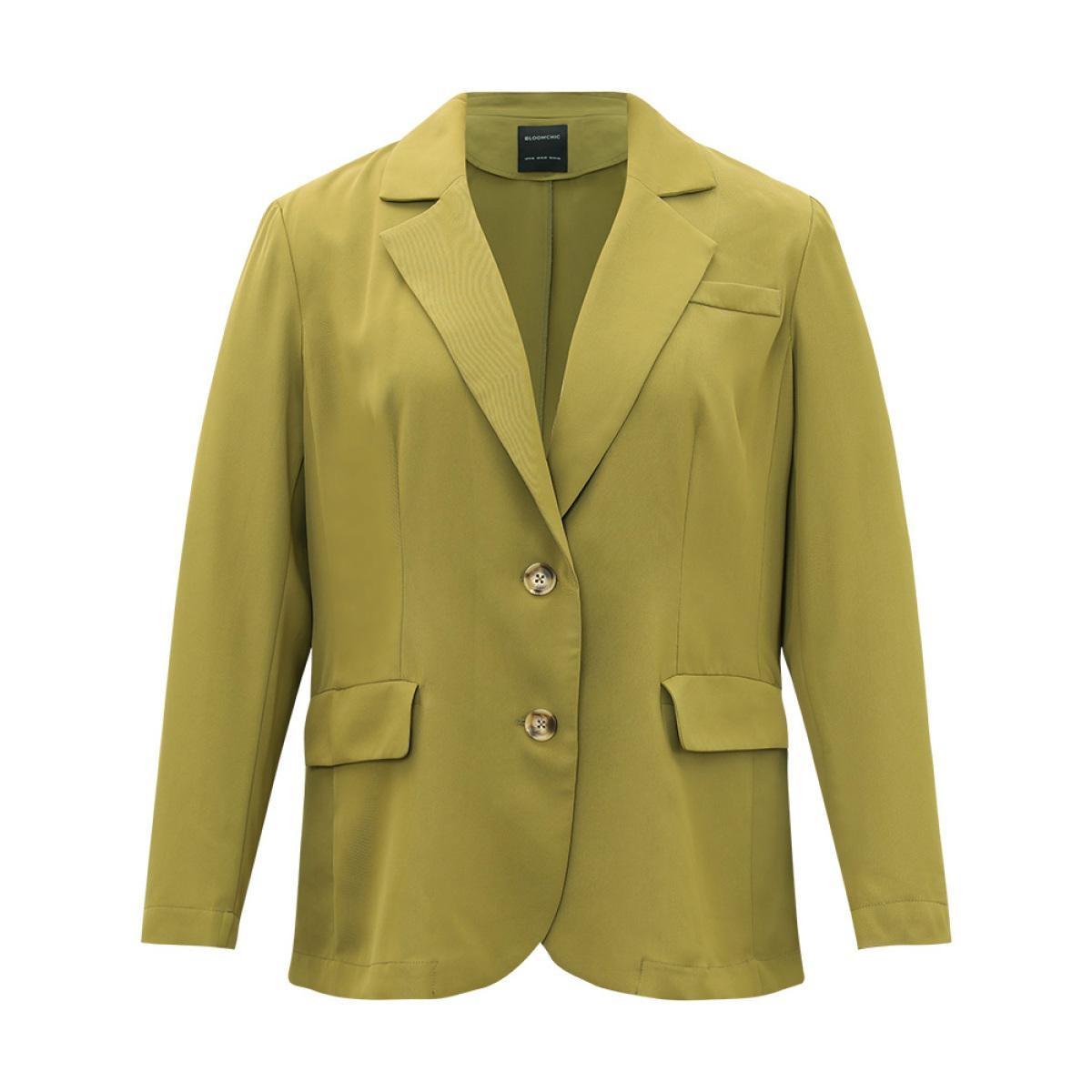 Plus Size Plain Pocket Button Up Suit Collar Blazer Olive Women Dailywear Plain Plain Sleeve Long Sleeve Lapel Collar 22-24/3X Pocket Casual Blazers BloomChic Product Image