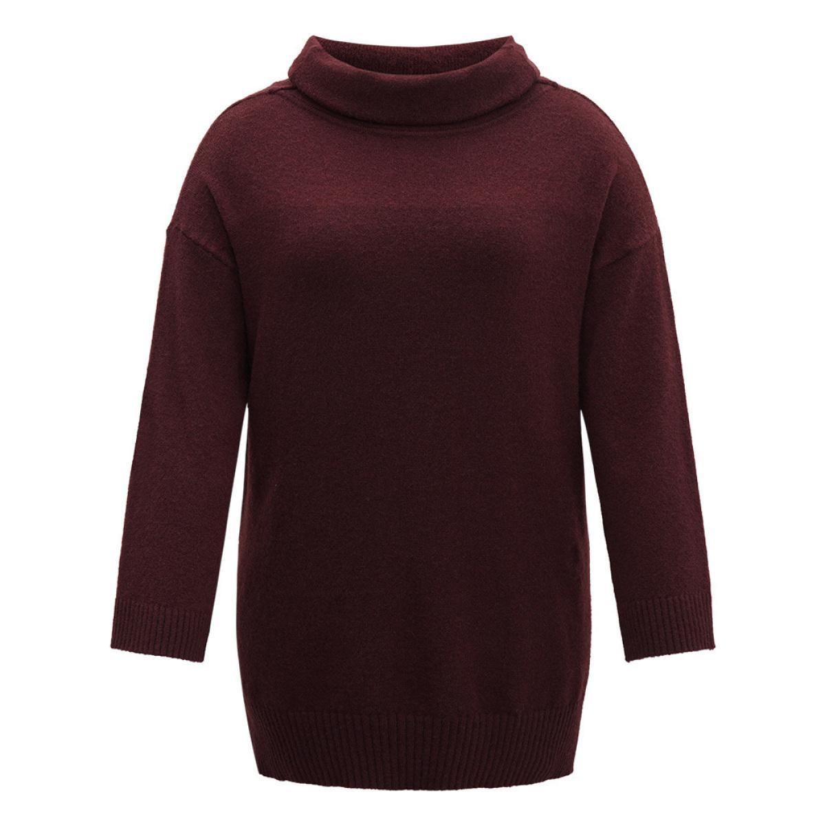 Plus Size Anti-Pilling Split Side Turtle Neck Pullover Burgundy Women Casual Loose Long Sleeve Lapel Collar Everyday Pullovers BloomChic 14-16/1X Product Image
