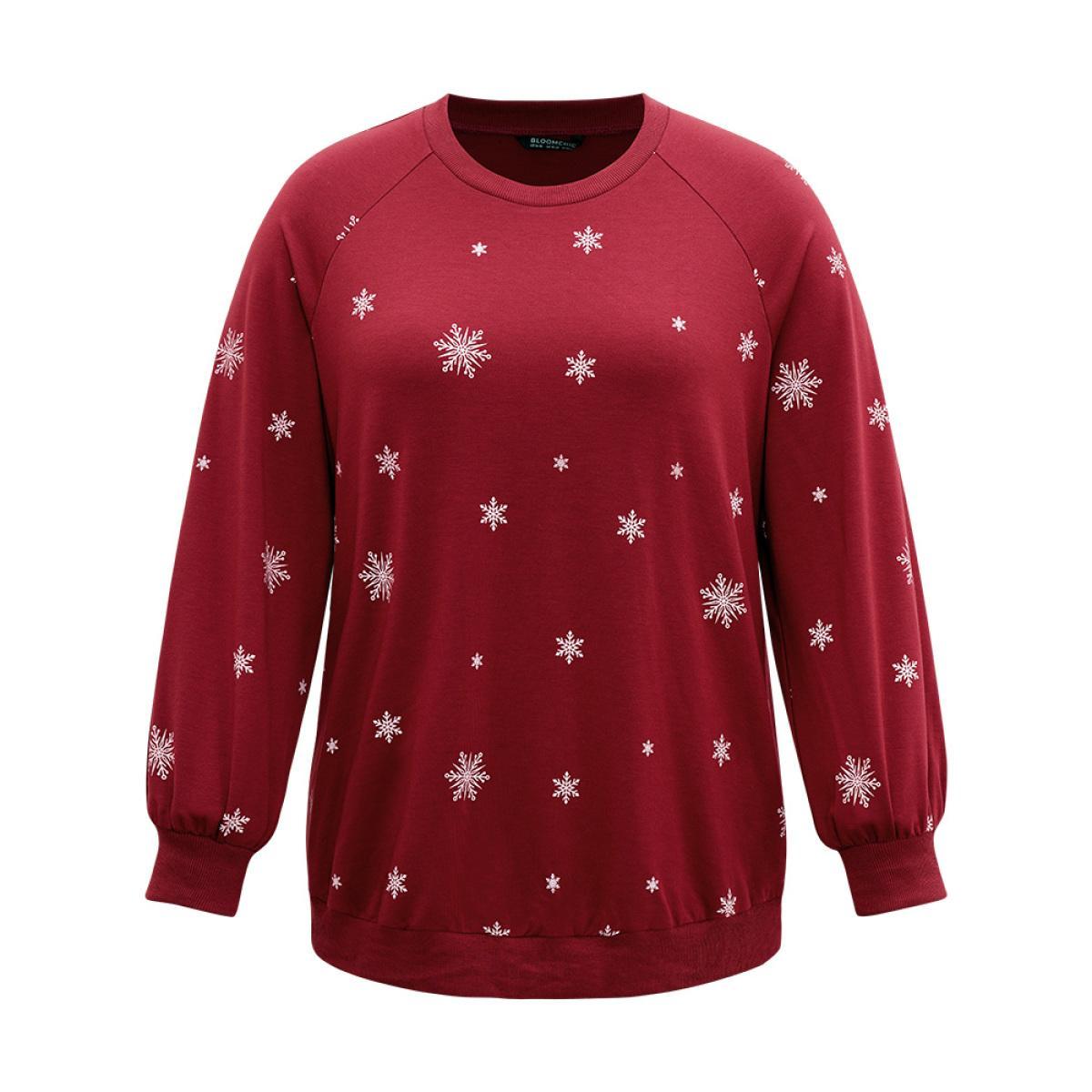 Plus Size Snowflake Print Raglan Sleeve Sweatshirt Women Red Casual Elastic cuffs Round Neck Festival-Christmas Sweatshirts BloomChic 18-20/2X Product Image