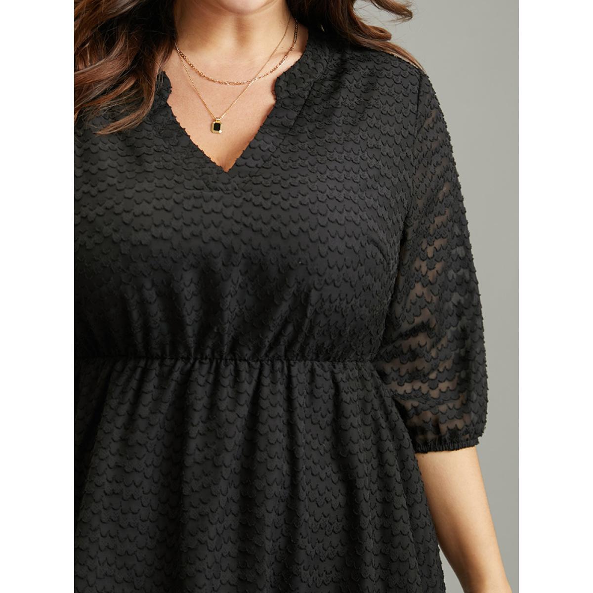 Plus Size Solid Textured Notched Elastic Waist Chiffon Dress Black Women Elegant Texture Notched collar Elbow-length sleeve Curvy Midi Dress BloomChic 12/L Product Image