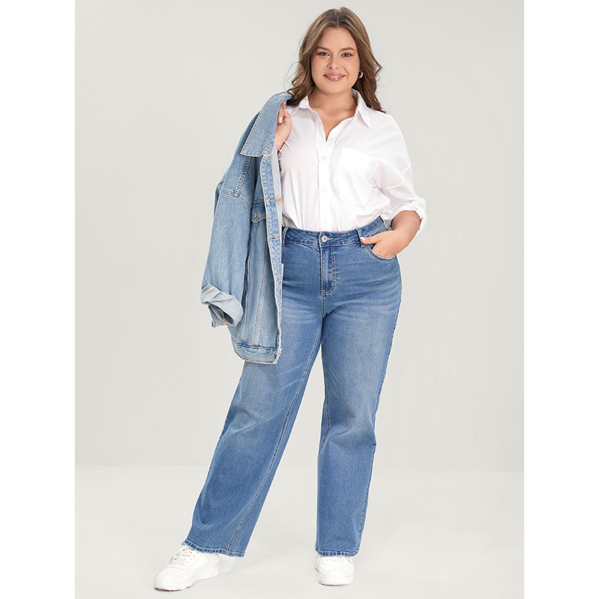 Plus Size Boyfriend Wide Leg Slightly Stretchy High Rise Medium Wash Jeans Women Stone Casual Plain Low stretch Pocket Jeans BloomChic 16/1X Product Image