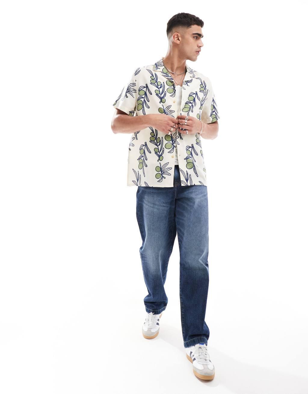 ASOS DESIGN relaxed camp collar shirt with leaf and fruit print in cream Product Image