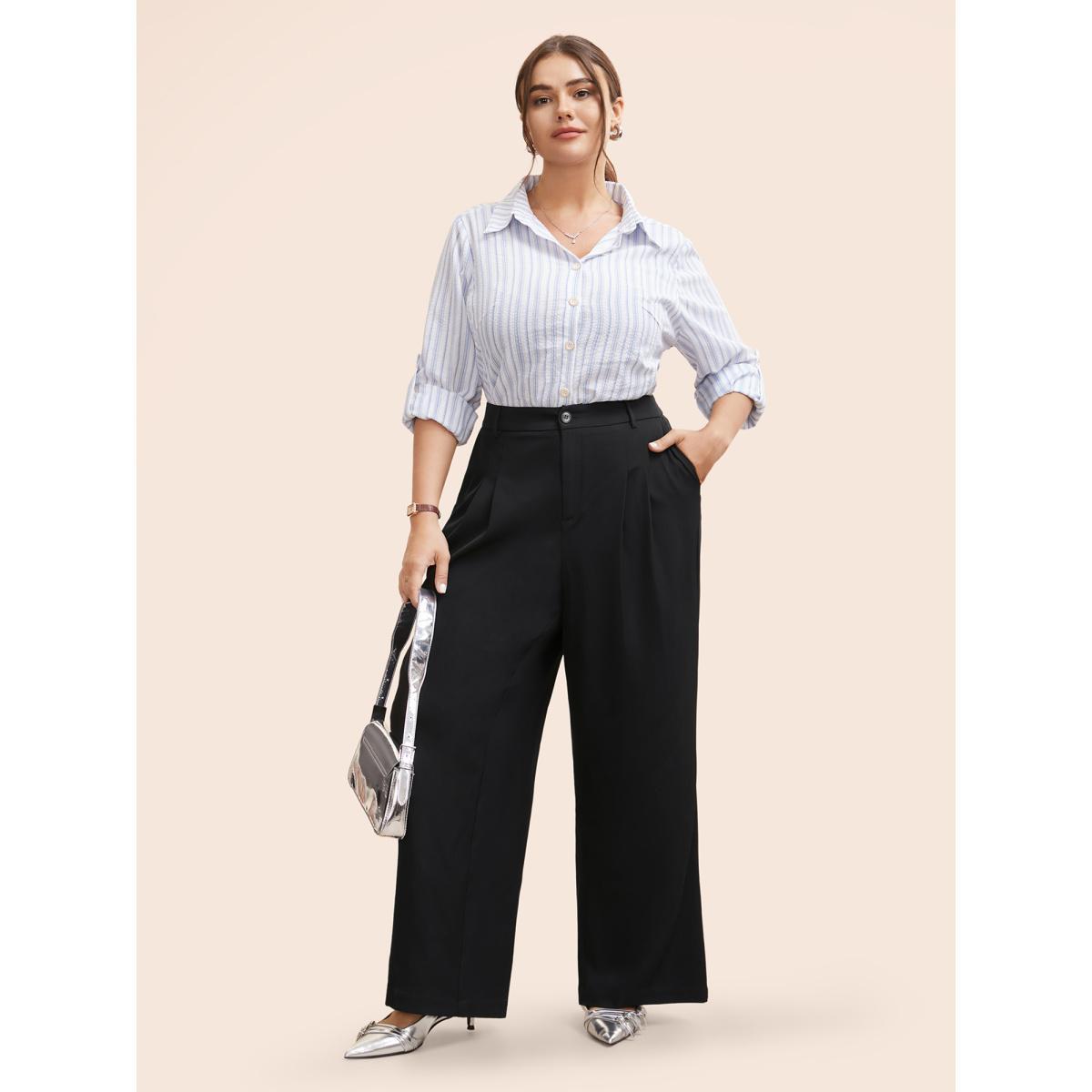 Plus Size Stretch Woven Pleated Elastic Waist Pants Women Black At the Office Wide Leg Mid Rise Work Pants BloomChic 30/6X Product Image