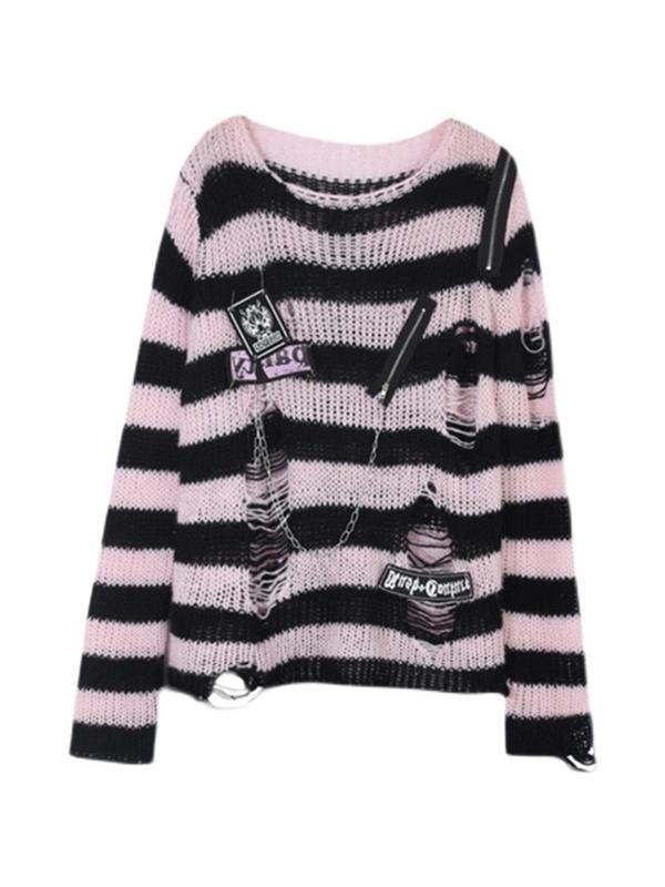 Hole Striped Pullover Sweater Product Image