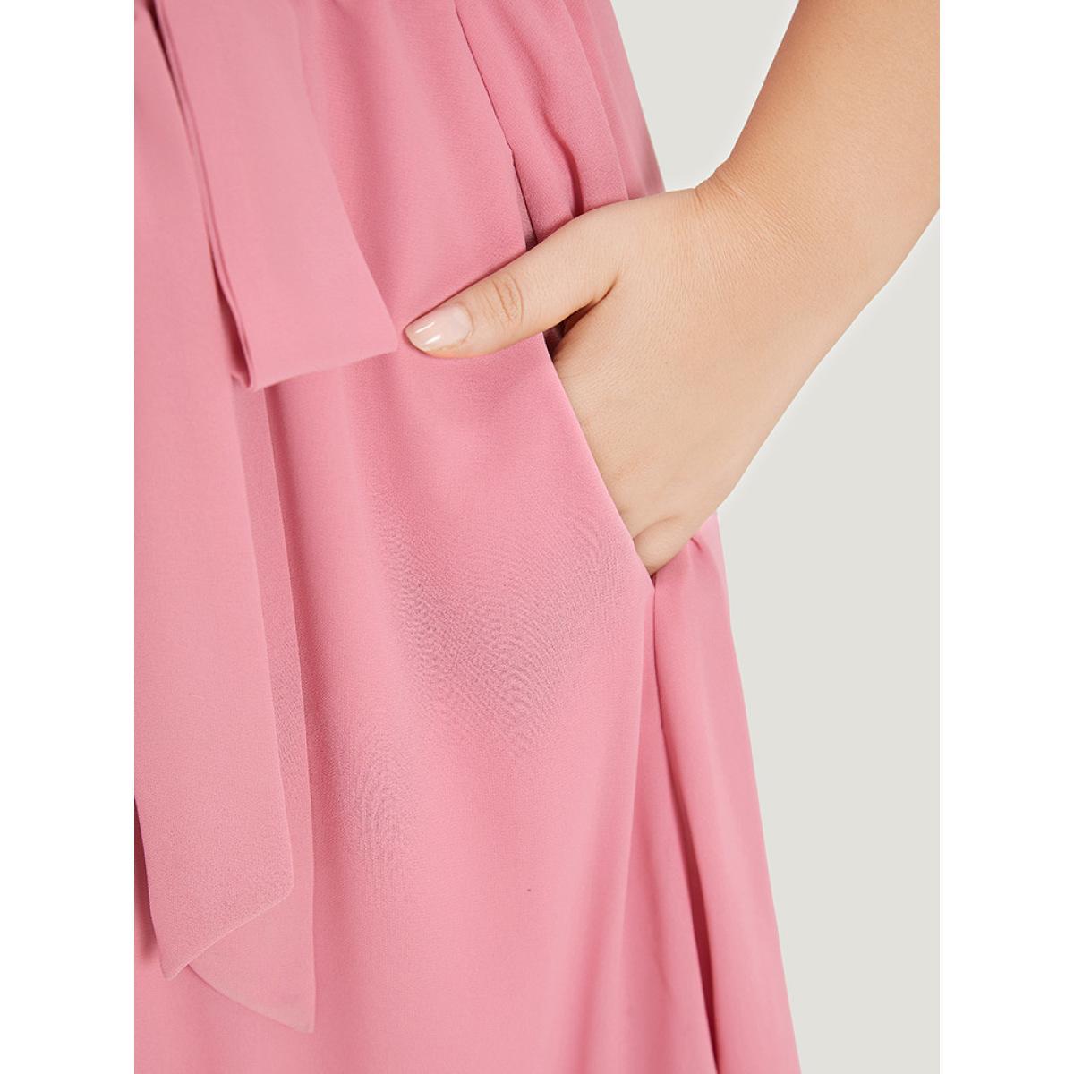 Plus Size Lace Panel Ruffle Trim Belted Lantern Sleeve Dress Pink Women Vacation Patchwork V-neck Elbow-length sleeve Curvy Knee Dress BloomChic 22-24/3X Product Image