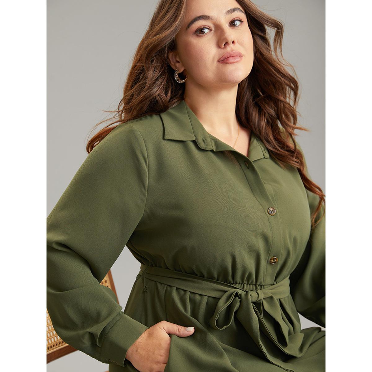 Plus Size Plain Laser Cut Button Through Belted Dress ArmyGreen Women Office Plain Shirt collar Long Sleeve Curvy Midi Dress BloomChic 22-24/3X Product Image