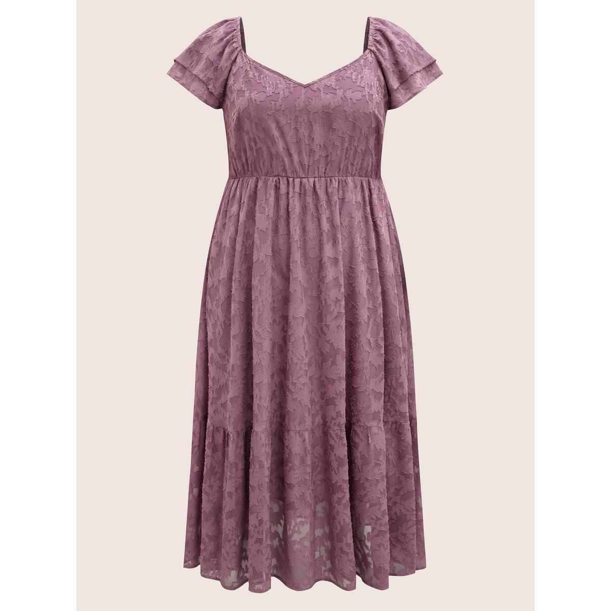 Plus Size Heart Neckline Jacquard Tiered Ruffle Sleeve Dress Mauve Women Elegant Texture V-neck Cap Sleeve Curvy BloomChic 30/6X Product Image
