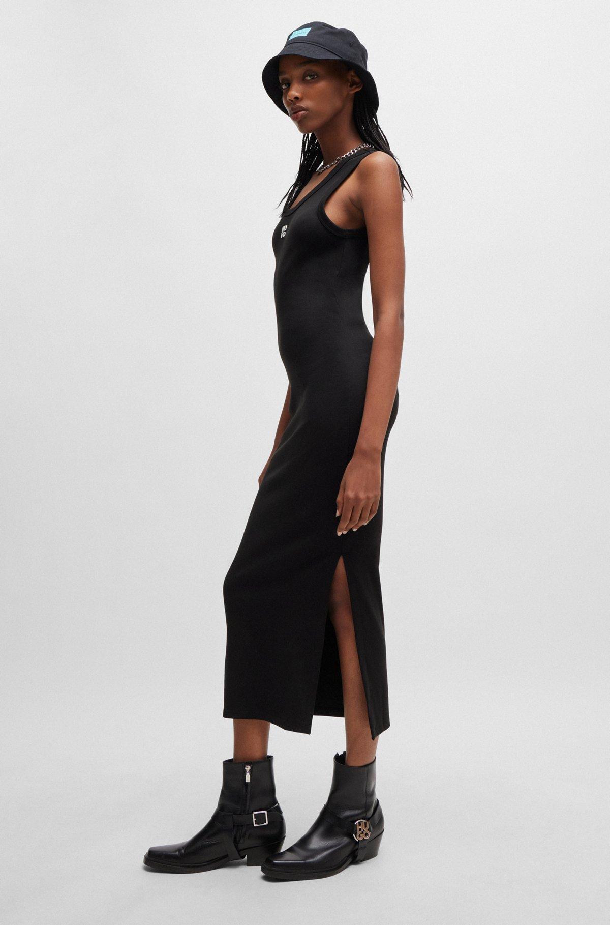 HUGO - Long-length dress in stretch jersey with stacked logo - Black Product Image