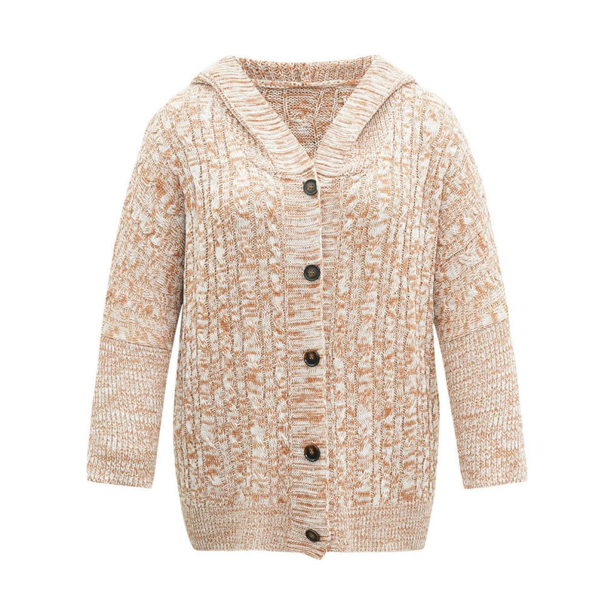 Plus Size Cable Knit Hooded Button Through Cardigan Bronze Women Casual Loose Long Sleeve Dailywear Cardigans BloomChic 28/5X Product Image