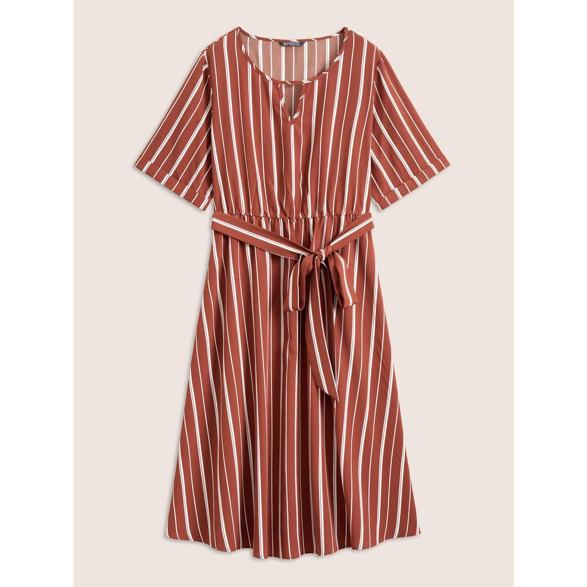 Plus Size Striped Keyhole Pocket Belted Elastic Waist Dress Russet Women At the Office Non Notched collar Half Sleeve Curvy Midi Dress BloomChic 28/5X Product Image