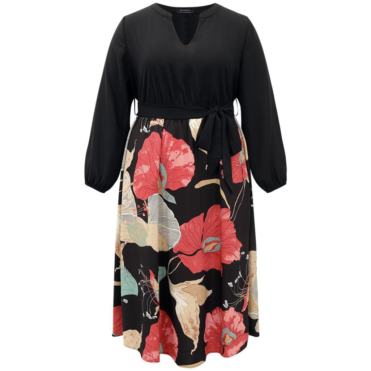 Plus Size Floral Print Patchwork Notched Belted Dress Black Women Elegant Elastic cuffs Notched collar Long Sleeve Curvy Midi Dress BloomChic 14-16/1X Product Image
