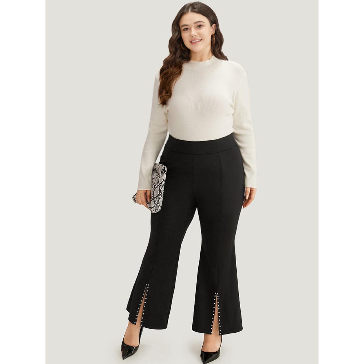 Plus Size Bootcut Pearl Beaded Split Front Pants Women Black Office Flare Leg High Rise Work Pants BloomChic 18-20/2X Product Image