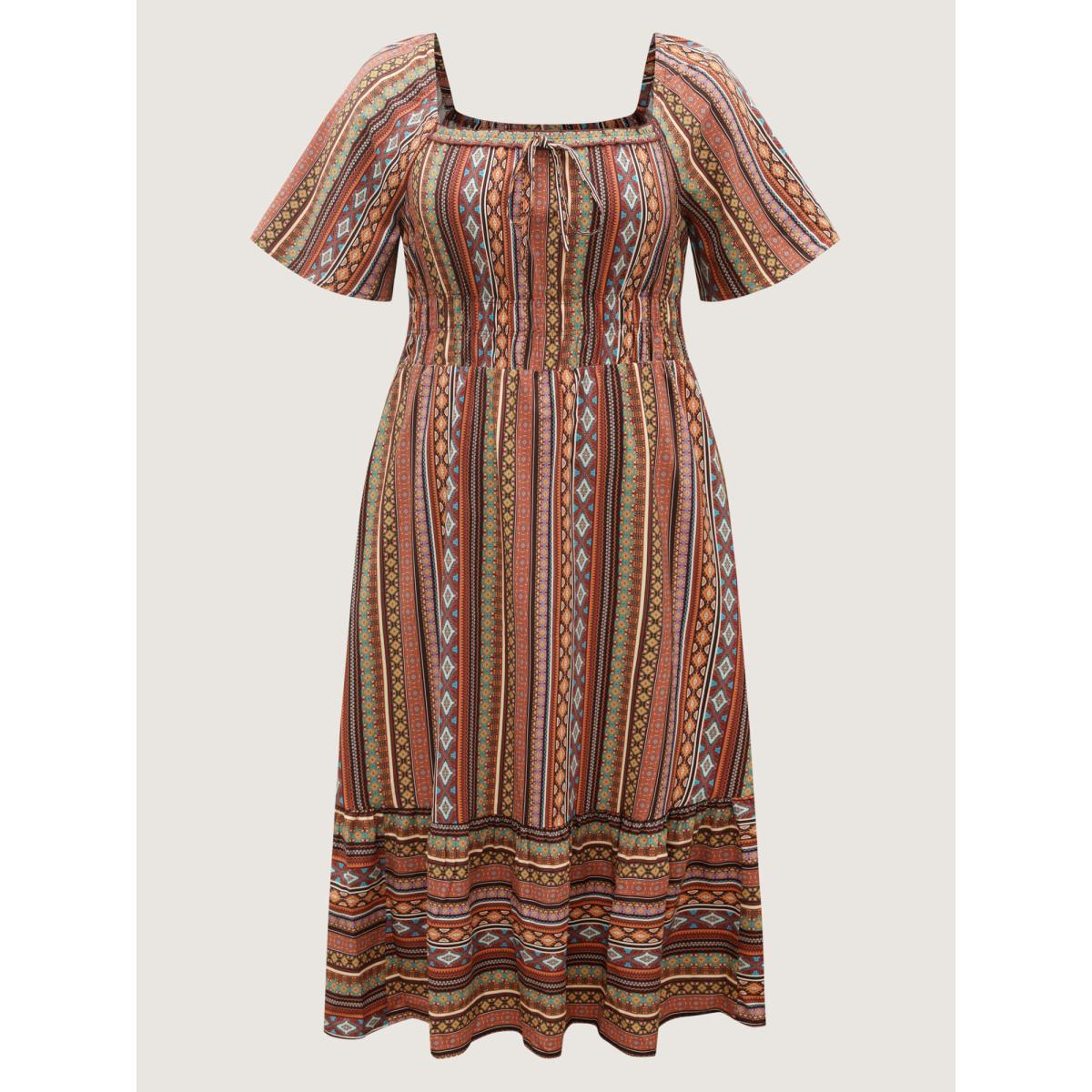 Plus Size Striped Cinched-Waist Midi Dress Yellowishbrown Women Tie knot Square Neck Half Sleeve Curvy BloomChic 18-20/2X Product Image