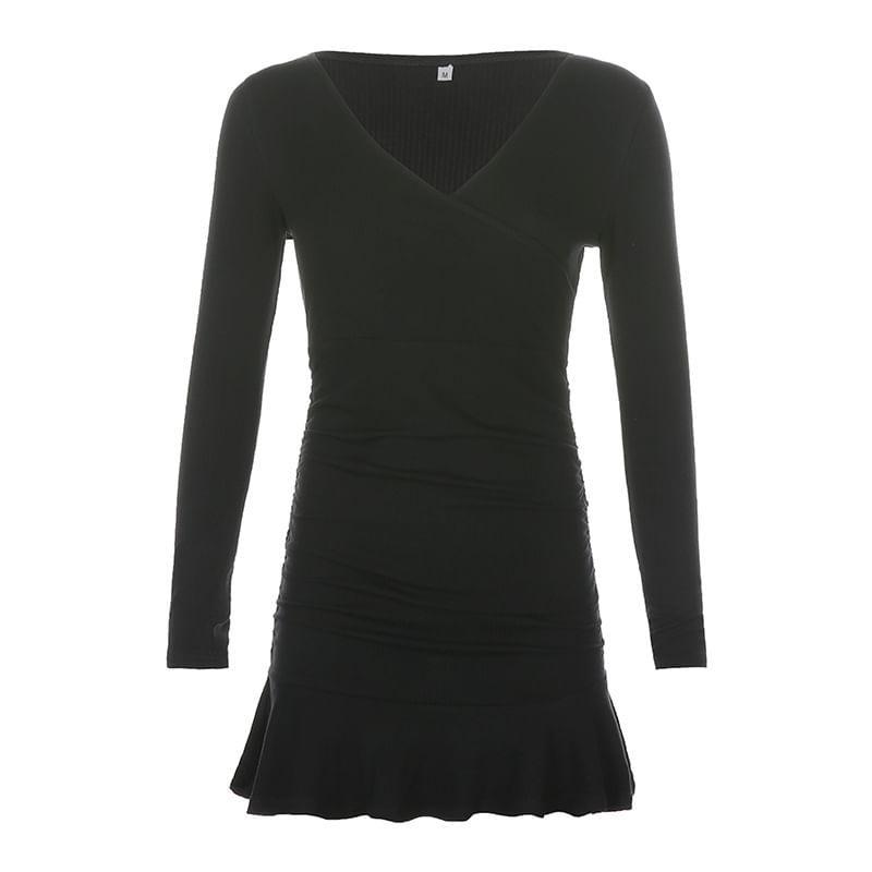 Long-Sleeve V-Neck Knit Mini Mermaid-Hem Sweater Dress Product Image