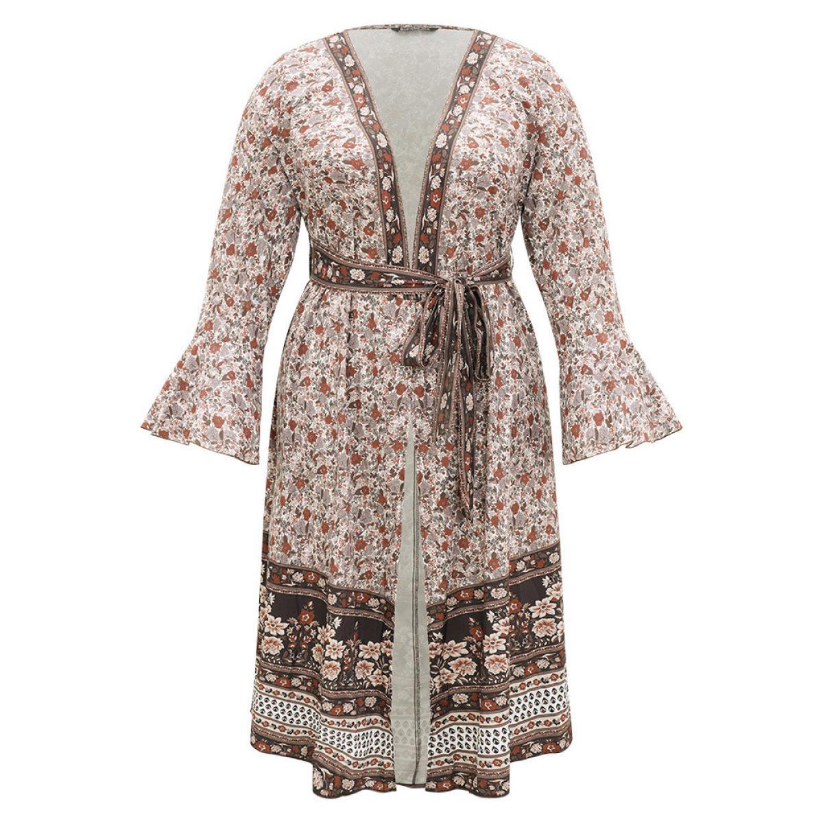Plus Size Bandana Print Belted Open Front Bell Sleeve Kimono Women Maroon Resort Belted Loose Belt Vacation Kimonos BloomChic 26/4X Product Image