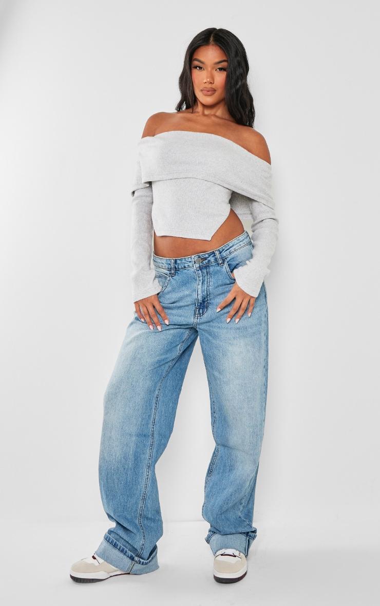  Grey Brushed Rib Fold Over Detail Long Sleeve Top Product Image