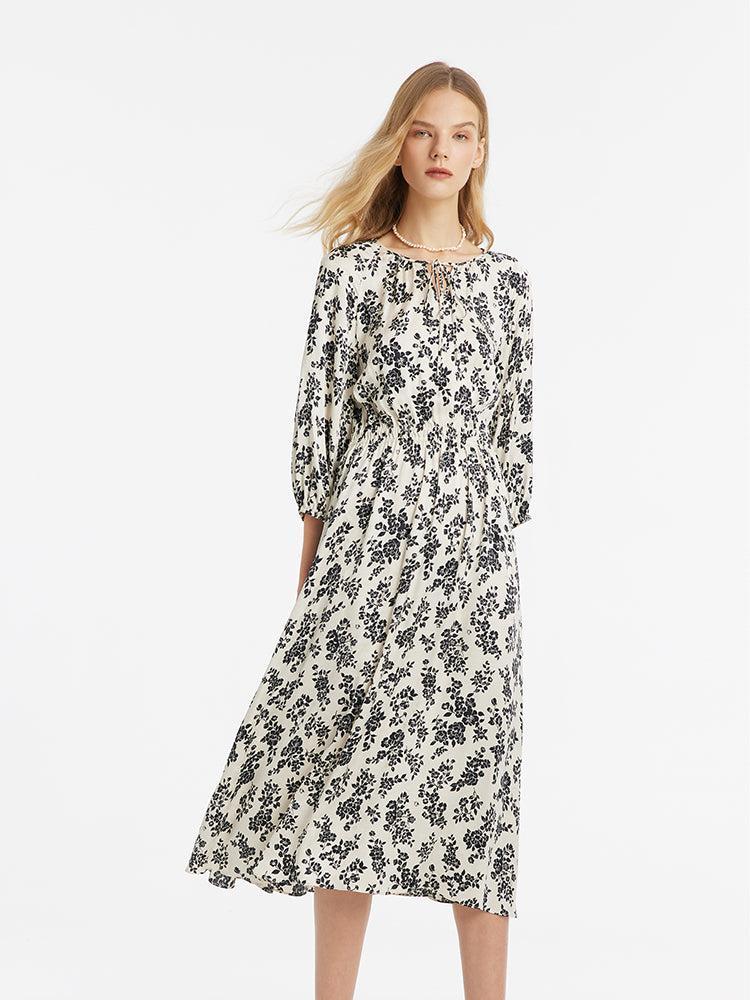 Camellia Print Gathered Waist Women Midi Dress Product Image