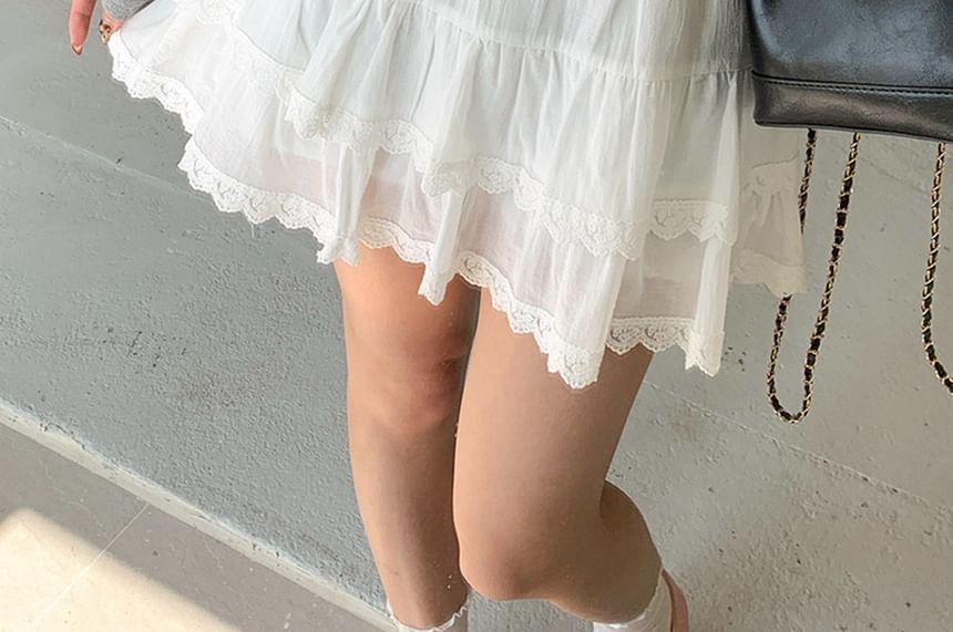 High Waist Plain Ruffle Lace Trim Mini A-Line Skirt Product Image