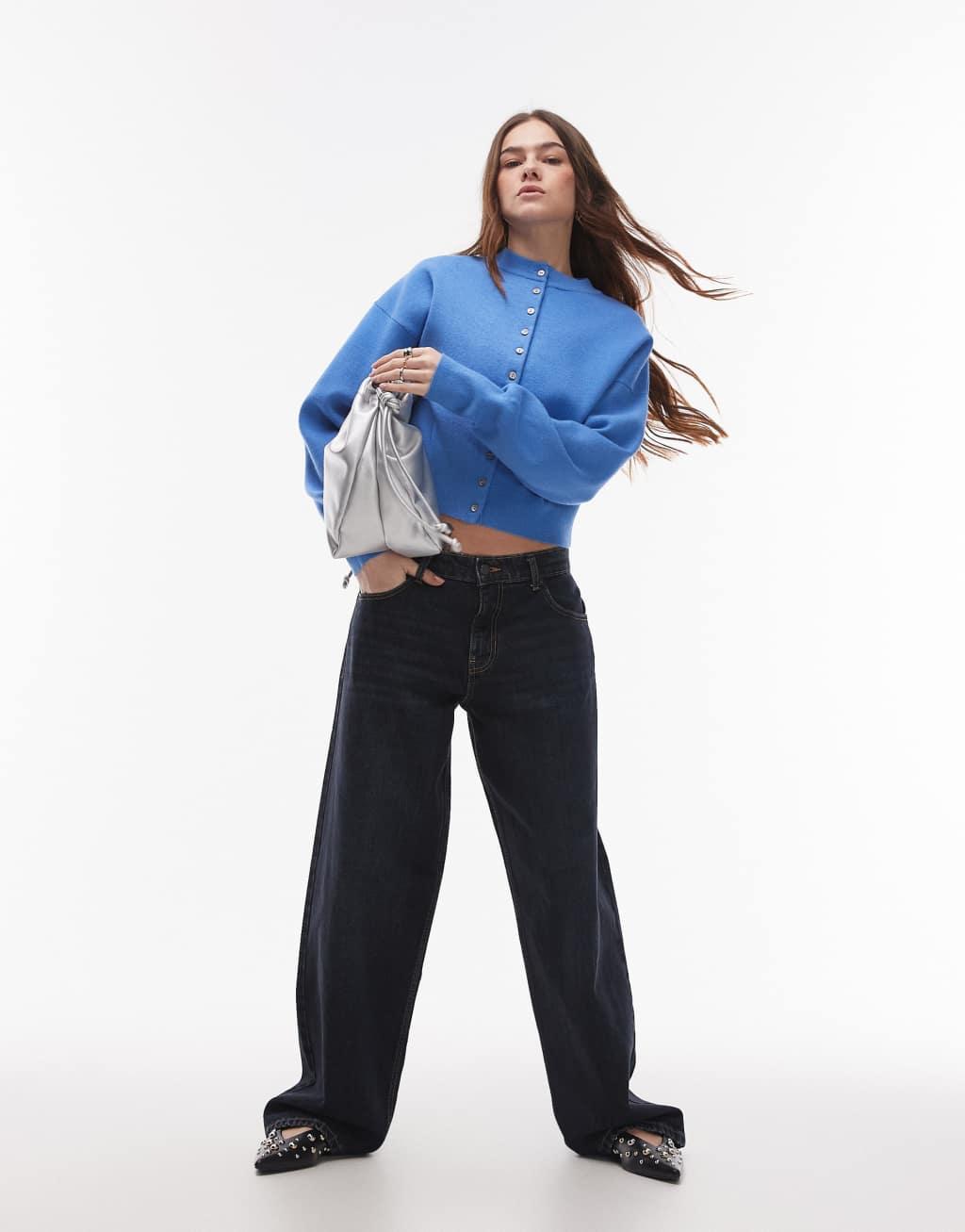 Topshop knitted compact fitted waist cardi in blue Product Image