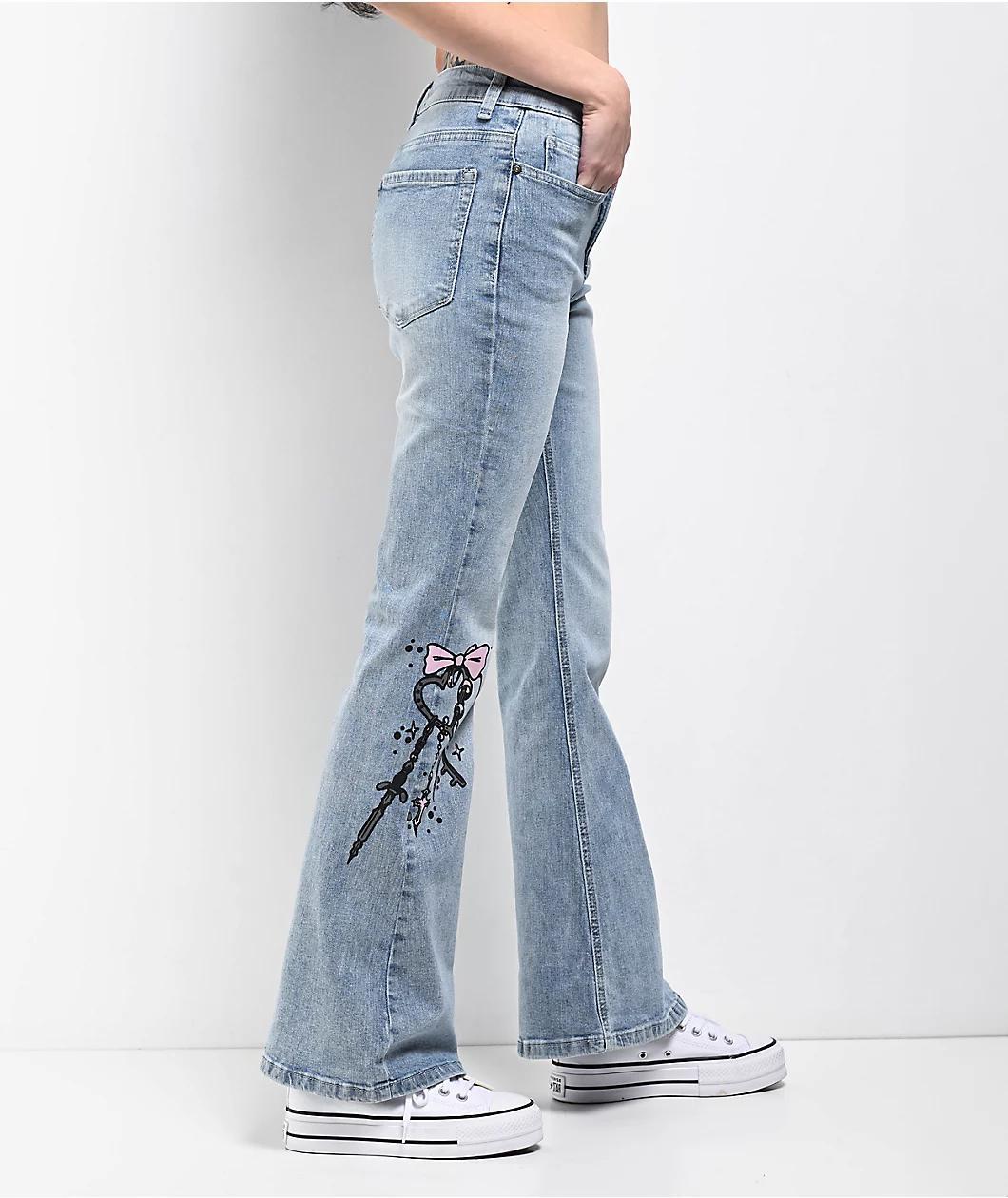 Empyre Glimmer Blossom Printed Light Blue Wash Mid Rise Flare Jeans Product Image