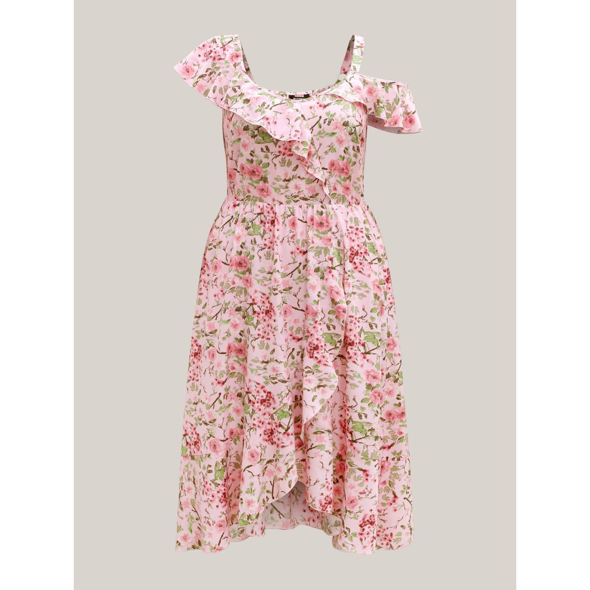 Plus Size Floral Print Wrap One-Shoulder Midi Dress Lightpink Women V-neck Cap Sleeve Curvy BloomChic 26/4X Product Image