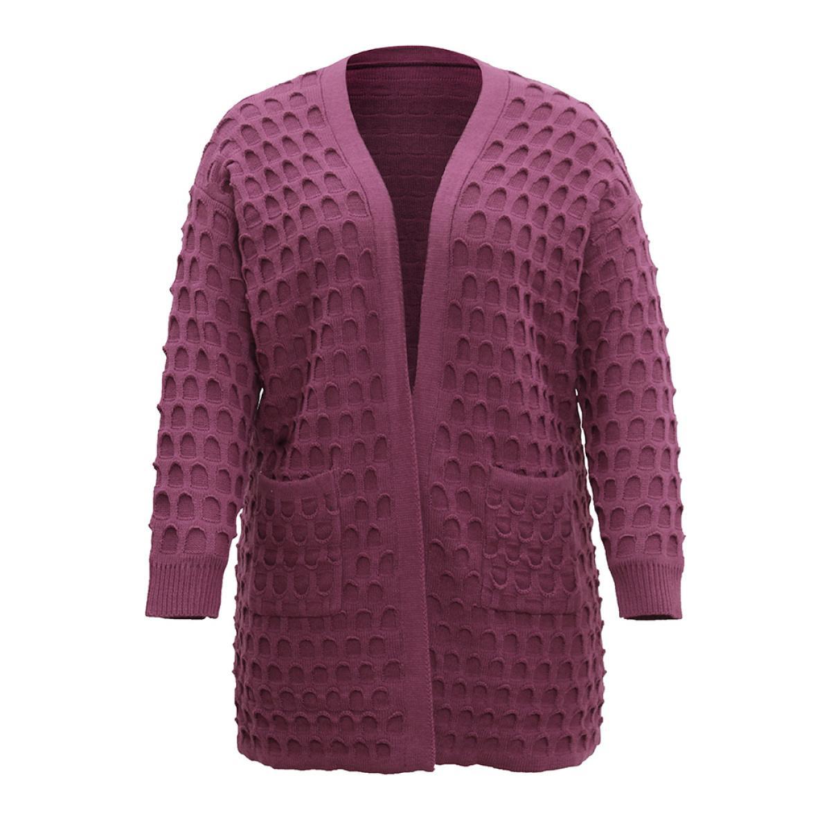 Plus Size Open Front Plisse Patched Pocket Loose Cardigan RedViolet Women Casual Loose Long Sleeve Everyday Cardigans BloomChic 12/L Product Image