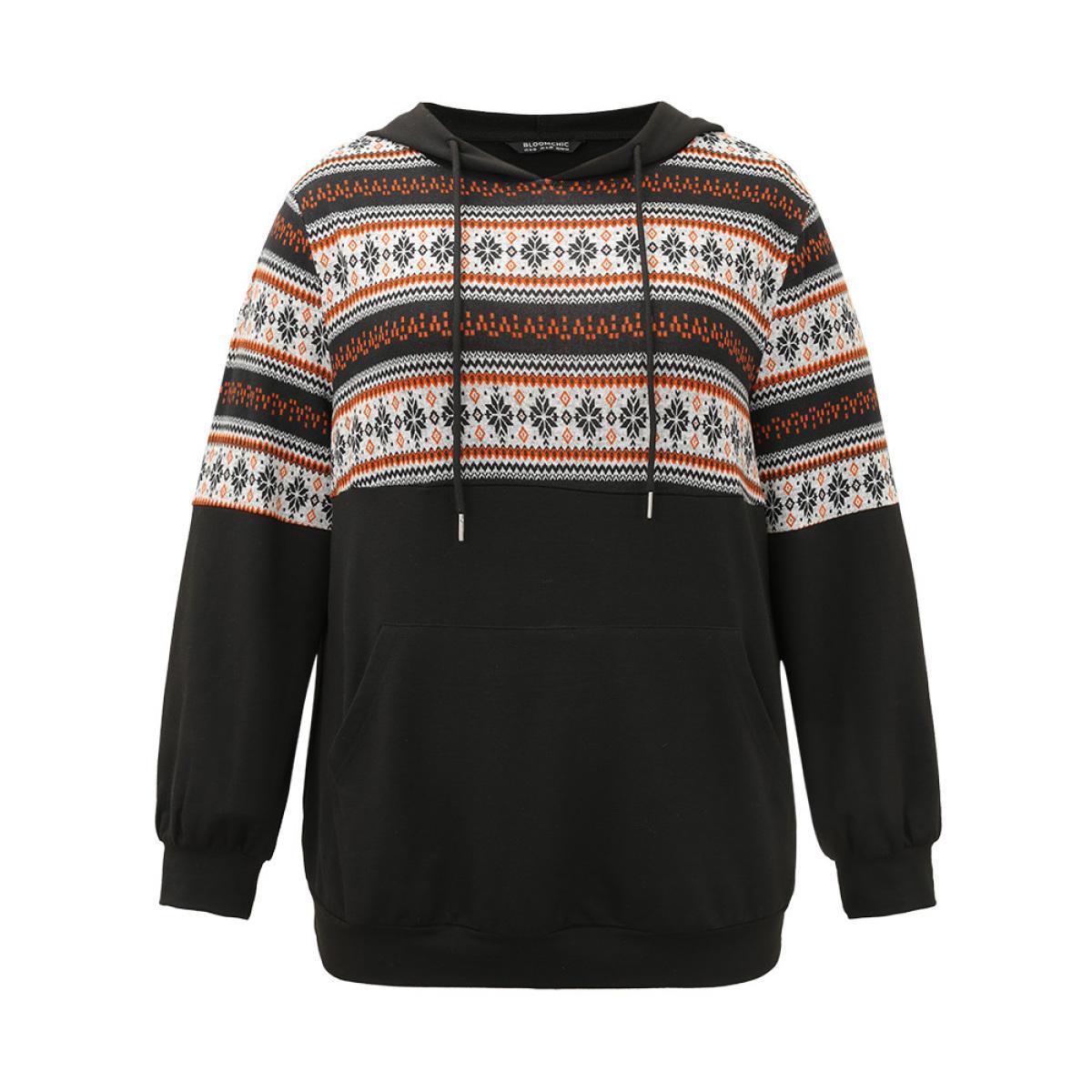 Plus Size Patchwork Contrast Pocket Hooded Drawstring Sweatshirt Women Black Casual Contrast Hooded Festival-Christmas Sweatshirts BloomChic 14-16/1X Product Image