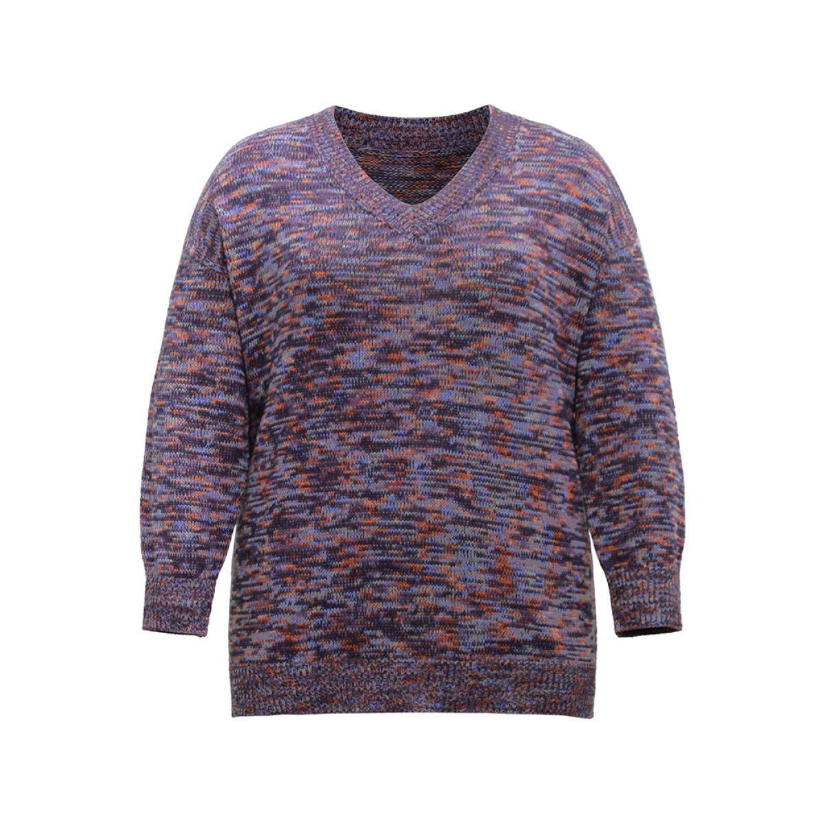 Plus Size Drop Shoulder Ombre Heather Pullover Indigo Women Casual Loose Long Sleeve V-neck Dailywear Pullovers BloomChic 26/4X Product Image